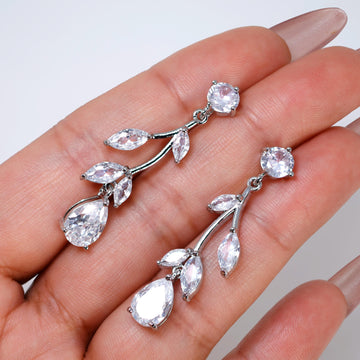 Swarovski Crystal Flower Vine Leaves Earrings, Long Bridal Jewelry, Bridal Earrings And Necklace, Statement Earrings Cz Necklace Set.